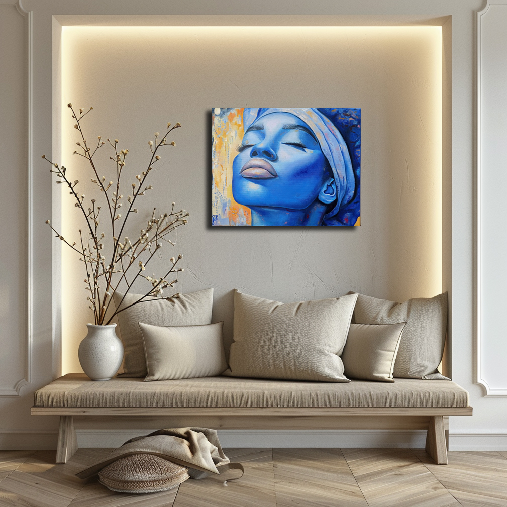 Dream - elegant portrait painting by Julianna Tulinova featuring rich blue tones and delicate facial details creating an atmosphere of tranquility #portraitart #contemporaryart