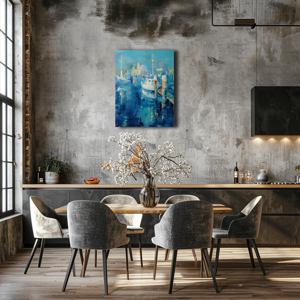 Sea Harbor painting by Julianna Tulinova in cozy interior #originalart #harbor