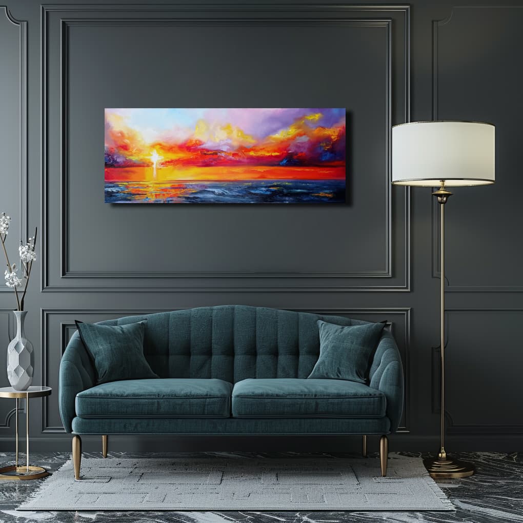 Fiery Star - dramatic seascape painting by Julianna Tulinova with vibrant red and orange sunset tones over calm ocean #sunsetart #seascapepainting