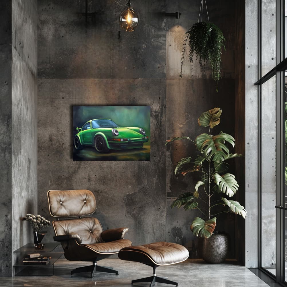 Green predator painting by Julianna Tulinova in stylish interior #painting #car